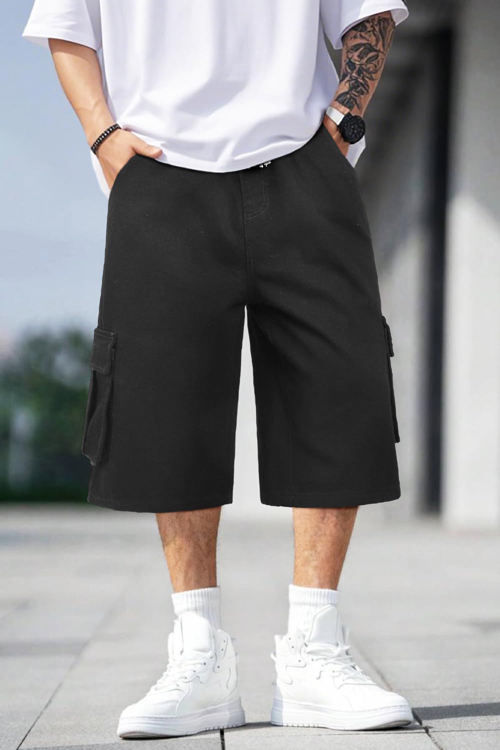 Men Baggy Jean Shorts Streetwear Denim Shorts Cargo Stretch Waist Jorts 15 Inch Inseam - Image 8