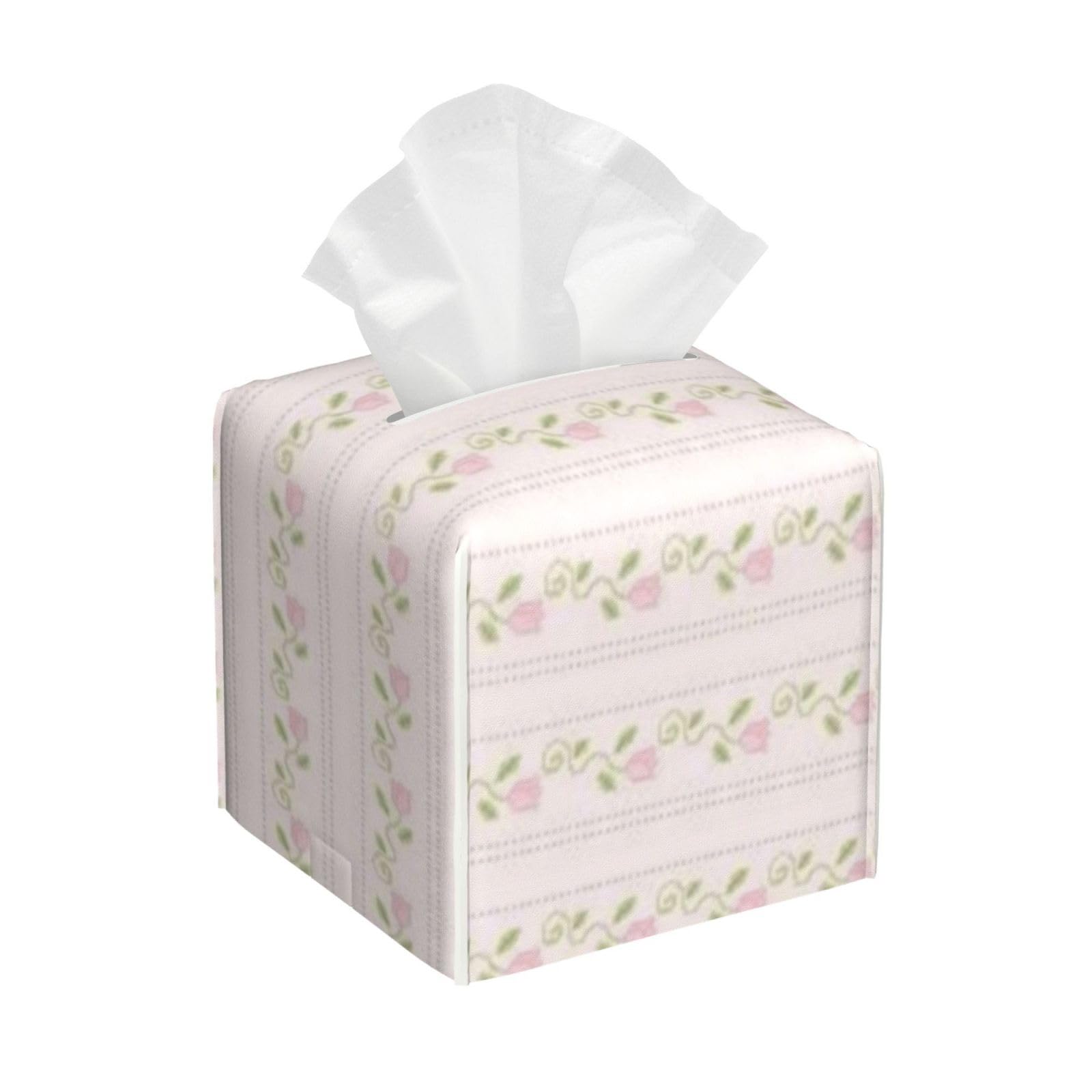 Coquette Floral Pattern Tissue Box Cover 5" Square Leather Tissue Holder Facial Tissue Case for Tabletop Bedroom Bathroom Desk Decor