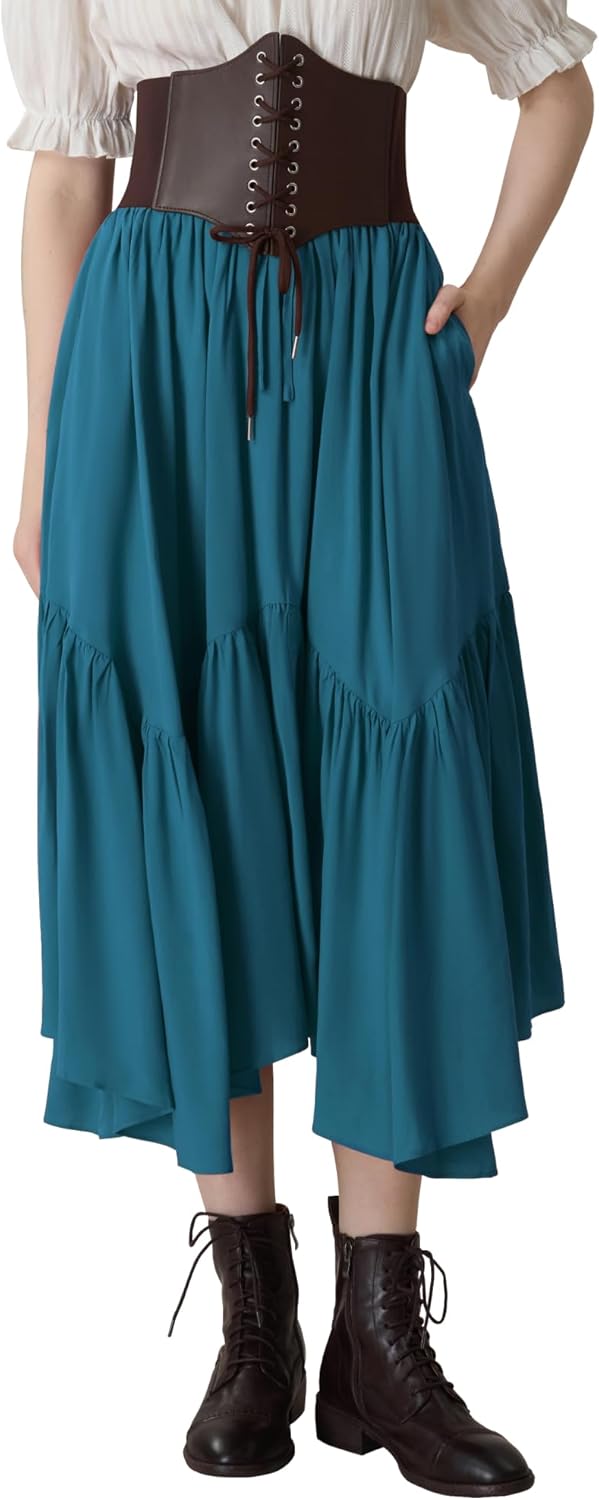 YESSA Renaissance Maxi Skirt with Corset Belt,Renaissance Costumes Pirate Medieval Skirt with Pocket,Ren Faire Costume Outfit - Image 6