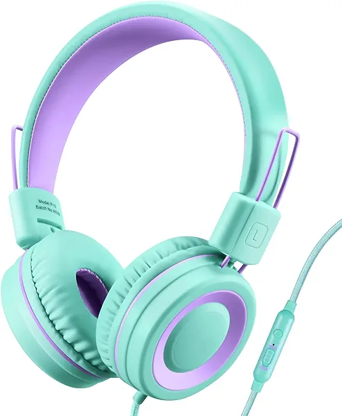 POWMEE P10 Kids Headphones with Microphone Stereo Headphones for Children Boys Girls,Adjustable 85dB/94dB Volume Control Foldable On-Ear Headphone with Microphone for School/PC/Cellphone(Green)