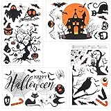 PATAZOK 8TLG Halloween Fenster Aufkleber Spinnennetz Deko Sticker Happy Halloween Fensterbilder Horror Wandtattoo Wandaufkleber Kürbis Katze Geister Sticker für Fenster Wand Haus Tür Dekoration