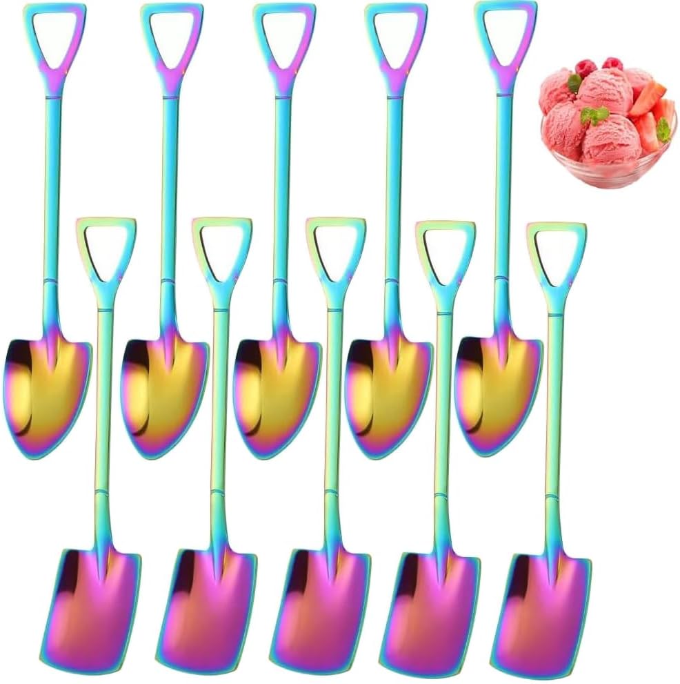 6 Rainbow Shovel Spoons,Small Shovel Shape Stainless Steel Dessert Fruit Iced Tea Coffee Mixing Jam Ice Cream Salad Spade Spoons for Home Kitchen & Hotel Accessories,Mini Shovels For Party Favors Gift