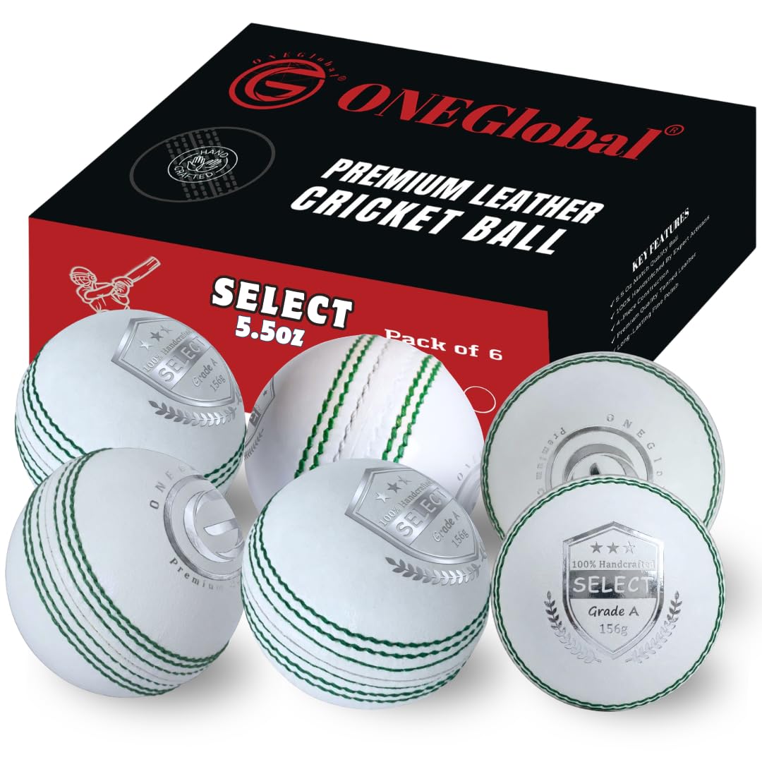 ONEGlobal Select Leather Cricket Ball for Match, Practice & Training | Senior 5.5oz & Junior 4.75oz Genuine Leather Hard Cricket Balls in Red, White, Pink or Red&White (6-WHITE, Senior)