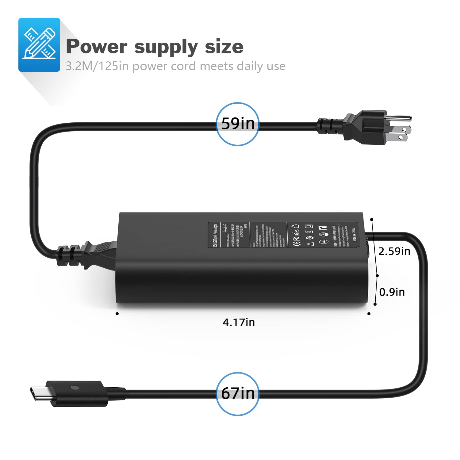 Cargador USB tipo C de 65 W para Dell LA65NM170 2YKOF, XPS 12 13, Latitude 12 7275 13 7370, Lenovo Thinkpad x1 Tablet, Asus, ZenBook, MacBook Pro, portátil con carga USB C
