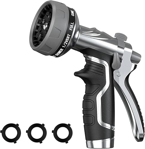 Boquilla de manguera de jardín, boquilla de manguera de agua de metal resistente con 8 patrones de pulverización ajustables, rociador de mano de