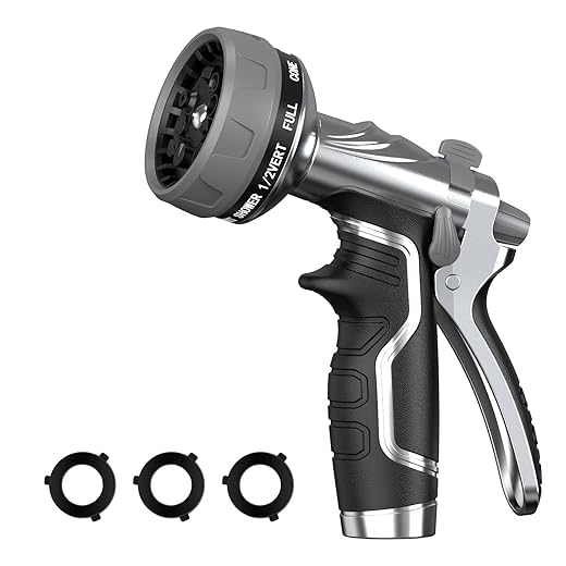 Garden Hose Nozzle, Heavy Duty Metal Water Hose Nozzle with 8 Adjustable Spray Patterns, High Pressure Hand Sprayer with Flow Control for for Garden Watering, Car & Pet Washing