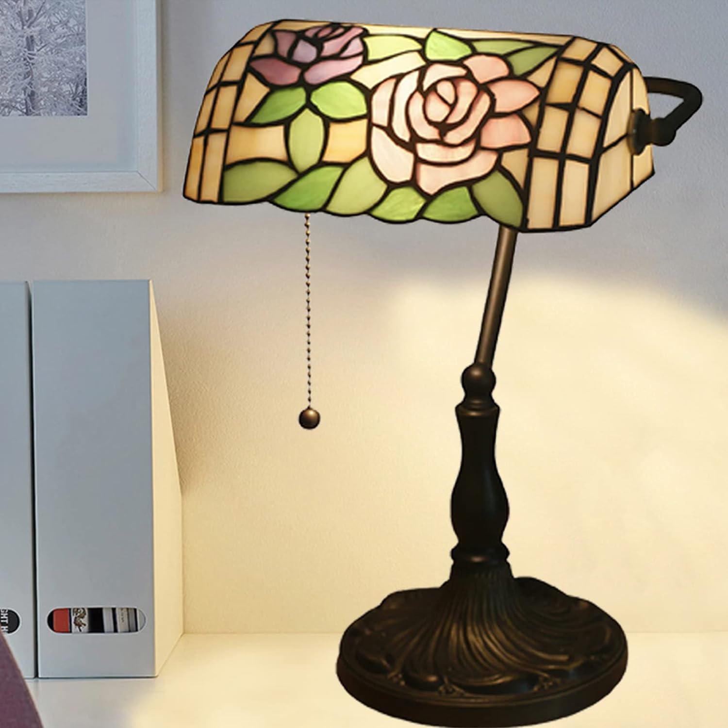 Lampa bankierska Lampa na biurko w stylu Tiffany'ego Czerwona różowa róża Koliber Witraż Lampa stołowa 15 "wysoka luksusowa regulowana lampa fortepianowa dla kochanka Dziewczyna Pani Salon Sypialnia,