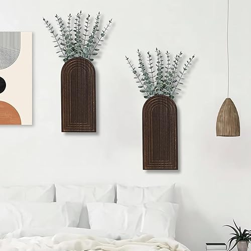 Miniatura 6 de Juego de 2 jarrones de pared de madera, acabado marrón oscuro, decoración de pared moderna de granja y bohemio para entrada, pasillo, baño, sala de