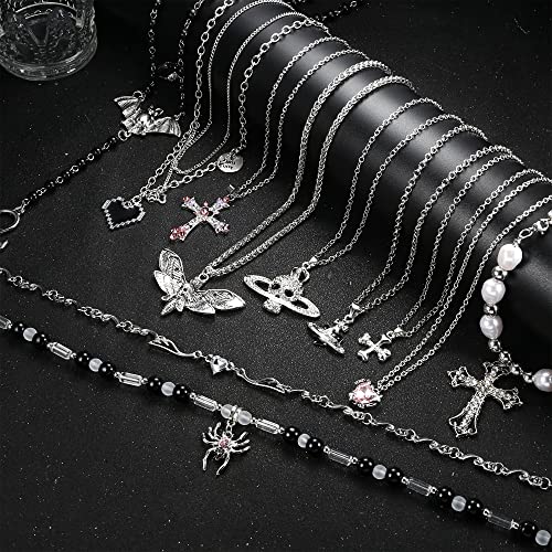 Sanfenly Vintage Gothic Necklace Set for Women Punk Grunge Cross Heart Bat Spider Angel Wing Saturn Skull Pendant Layered Choker Statement Necklaces2