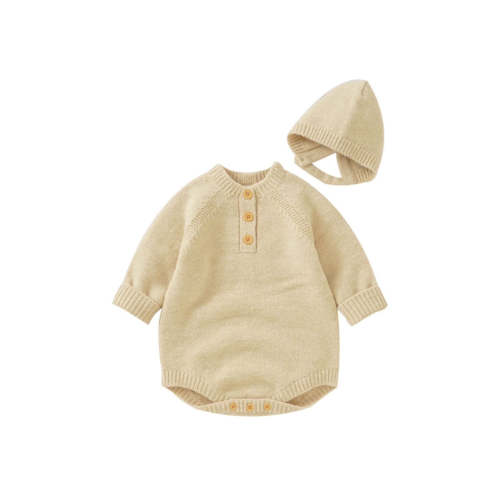RNTOP Baby Girl Boy Knitted Sweater Romper Bodysuit Unisex Solid Long Sleeve Jumpsuit Sweaters Hat (Beige, 0-3 Months) b175p