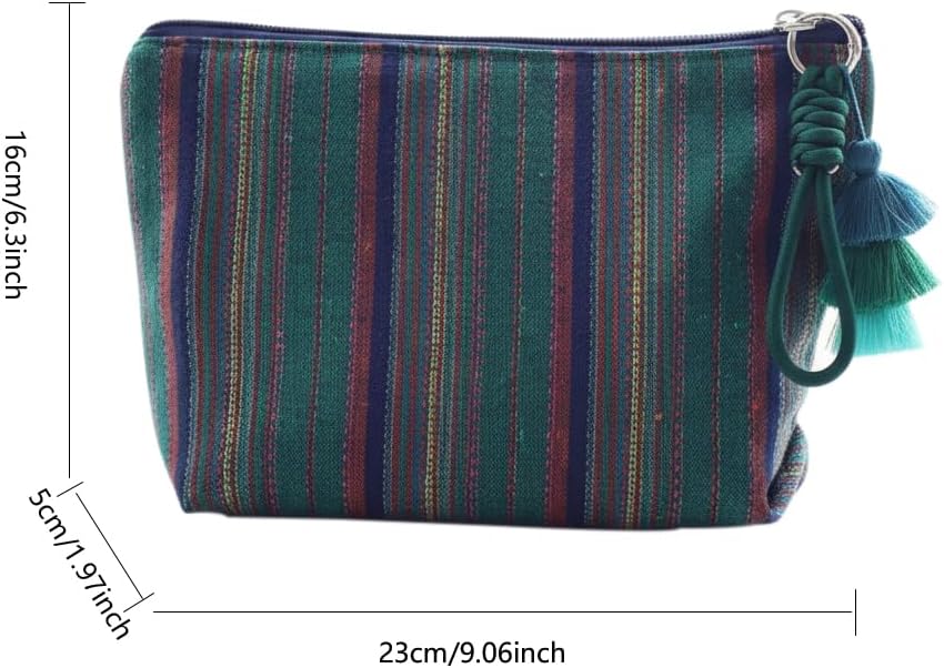 Boho Striped Cosmetic Bag with Tassel Travel Makeup Pouch Ethnic Fabric Zipper Toiletry Bag for Women (Green) image 2
