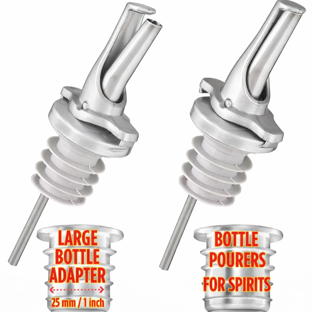 Liquor Bottle Pourers - Patented Design Pour Spouts - Open and Close for Mid Pour Shut Off - Fits Universally to Most Bottles - Meet The Standard of Bottle Pourers - Silver - 2 Pack