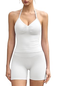 QINSEN Workout Sets for Women 2 Piece Ribbed Padded Halter Tank Top High Waist Tummy Control Booty Shorts