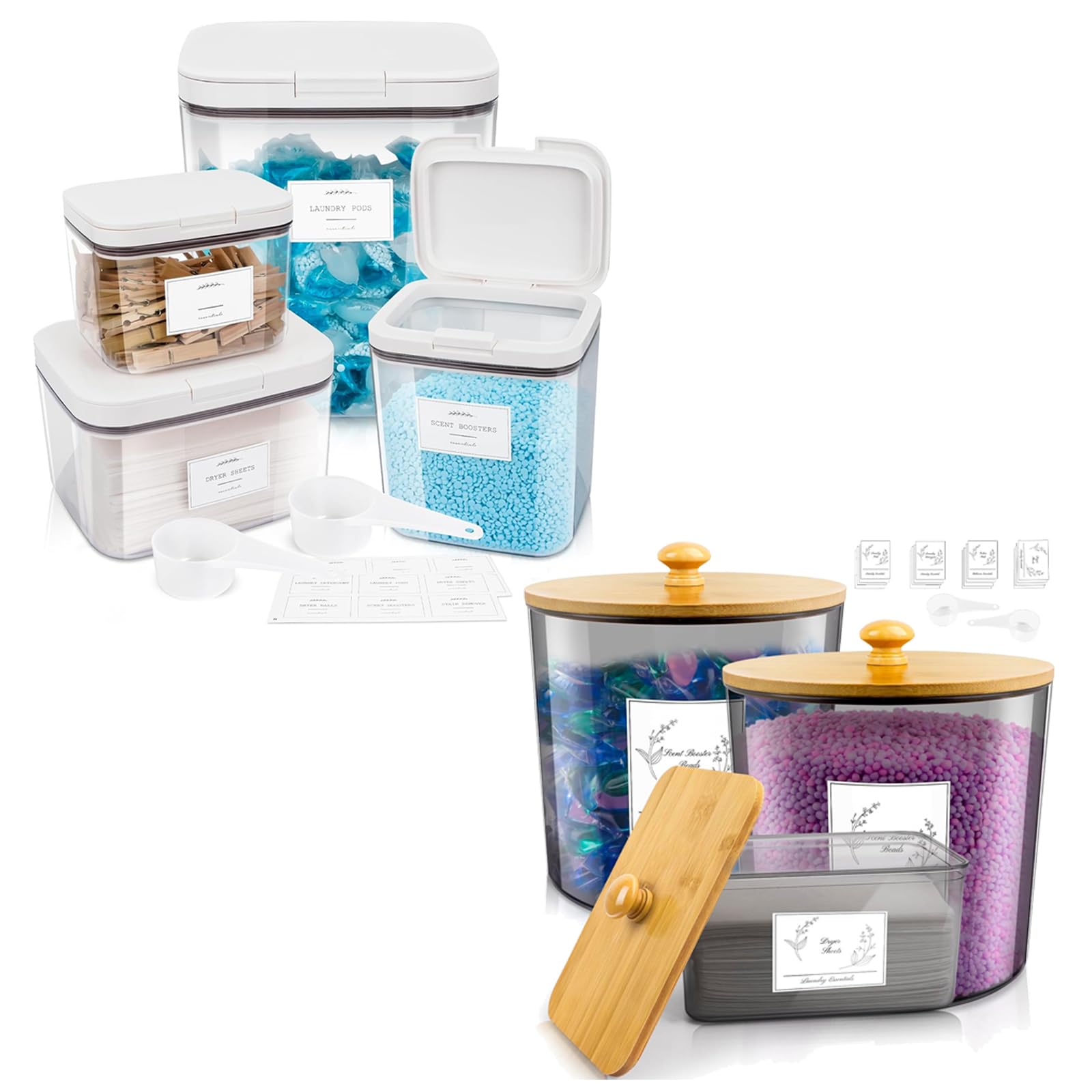 Zingbee 7 Pack Laundry Pods Container & Dryer Sheet Holder with Lids & Labels, Plastic Laundry Jars Holder for Powder, Scent Bead, Dryer Balls, Soap