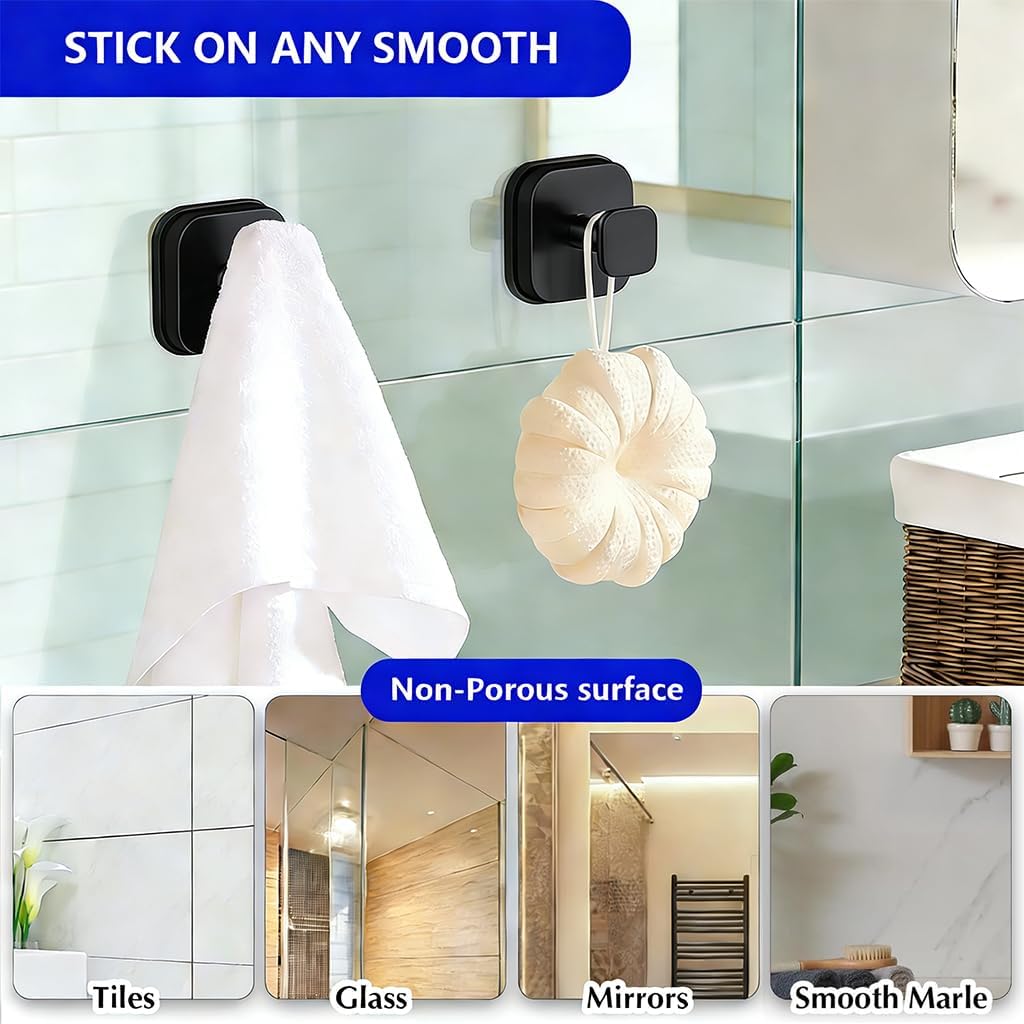 Suction Cup Hooks Towel Home Storage Hooks Black Strong No Drill Hanger for Shower Bathroom Window 2 Pack image 4