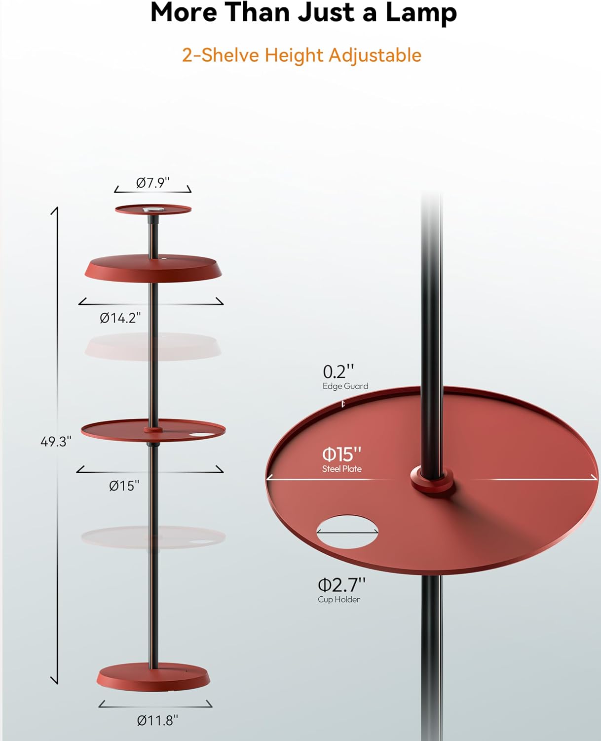 Tubicen Battery Floor Lamp with Wireless Charger Shelves Remote 21W LED Dimmable Modern Corner Standing Lamp 3-Color Modes 5000mAh Rechargeable Cordless Floor Lamp for Living Room Bedroom Office Red