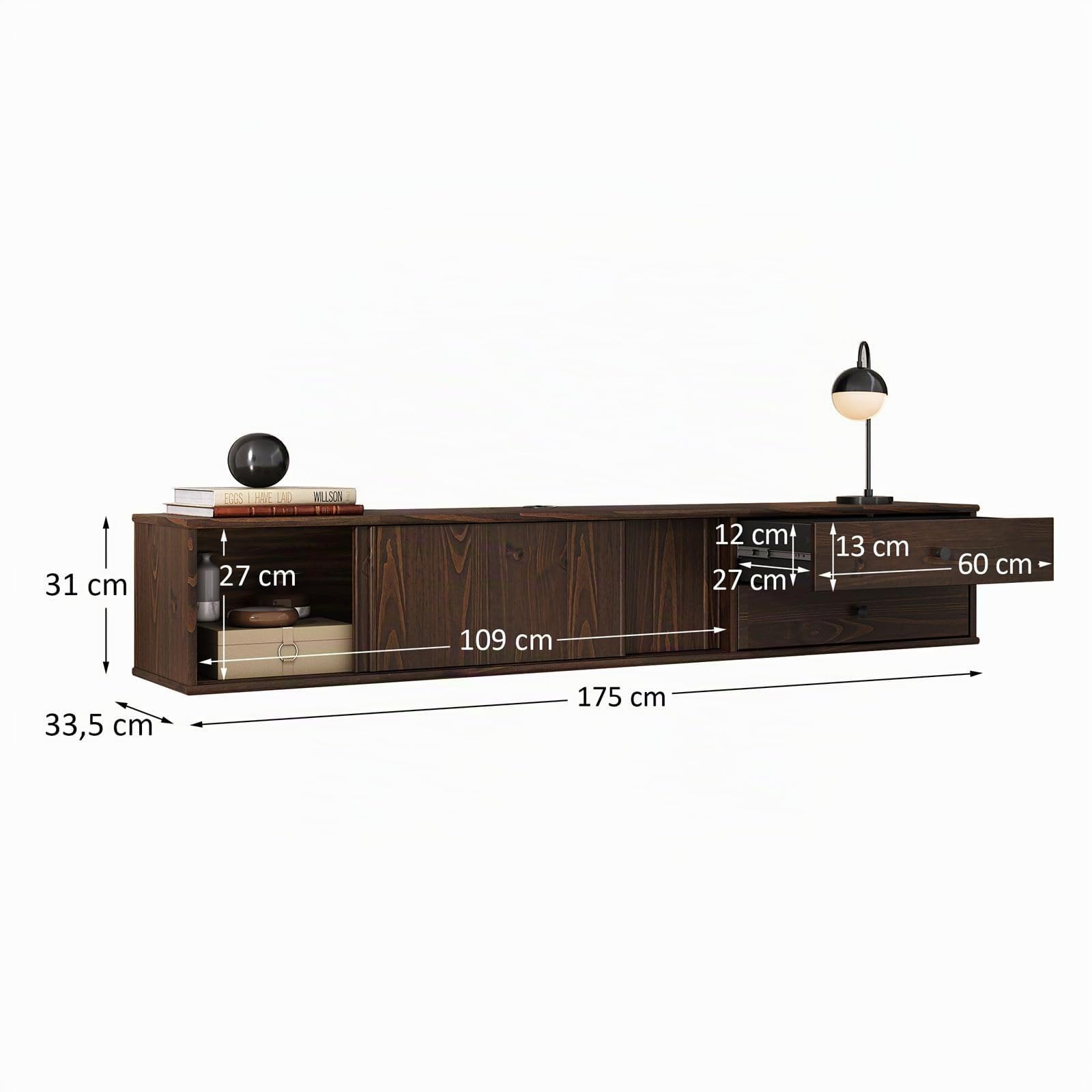 IDIMEX Lowboard Simona 175 cm hängend aus Massivholz, Nussbaum Finish - TV Schrank mit 2 Schiebetüren und Schubladen, Wohnzimmermöbel im Mid Century Style, ideal als TV Board.