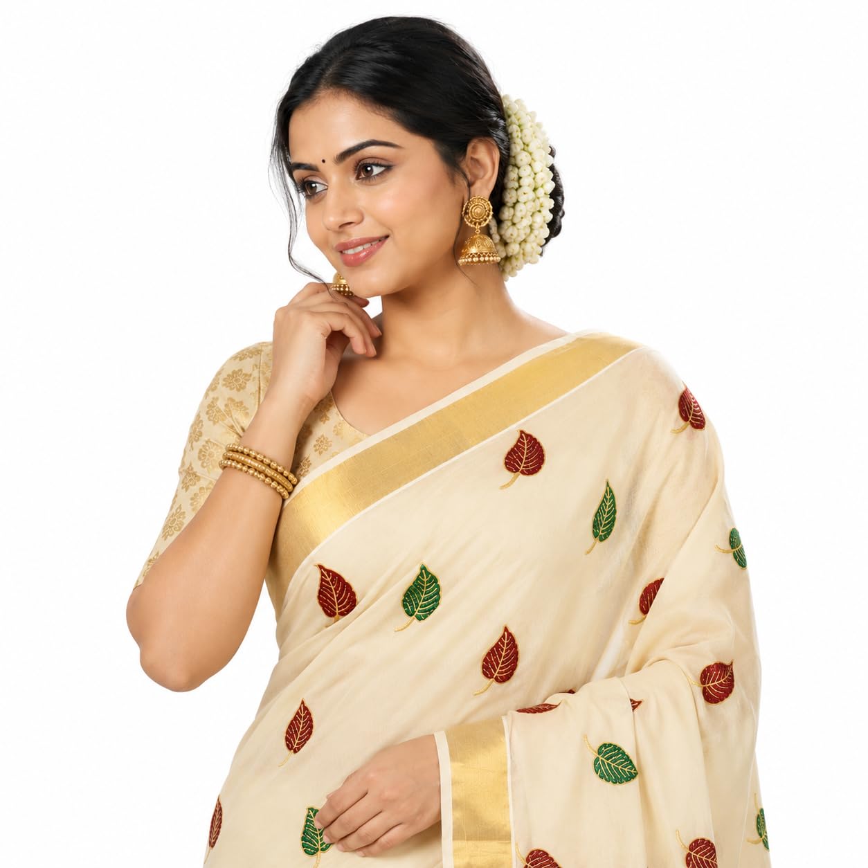 Kerala Tissue Saree for Women – Traditional Onam Saree with Gold Zari Border & Leaf Motif Design | Festive Kerala Tissue Kasavu Saree-image-10