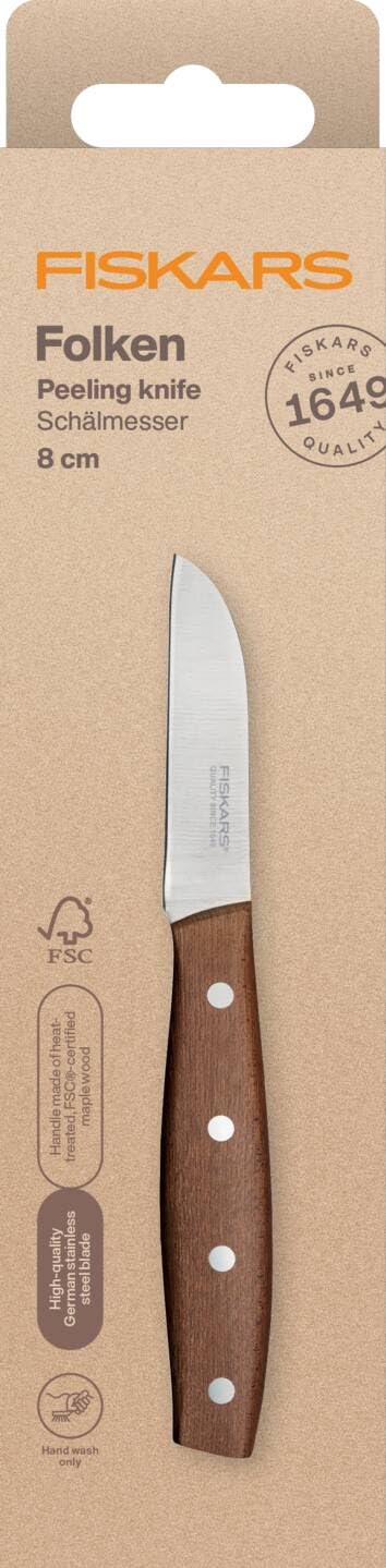 Fiskars Folken Schälmesser, Klingenlänge 7 cm, Klinge aus deutschem Edelstahl, Griff aus FSC-zertifiziertem Ahornholz, 1075691