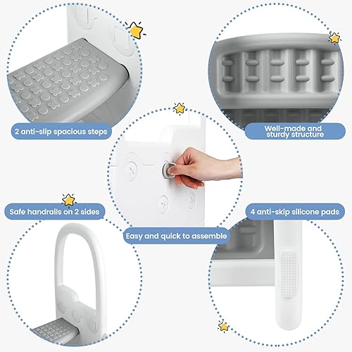 Miniatura 4 de IDEALHOUSE Taburete de 2 escalones para niños, taburete de plástico de 2 escalones para lavabo de baño, entrenamiento para ir al baño, taburete para