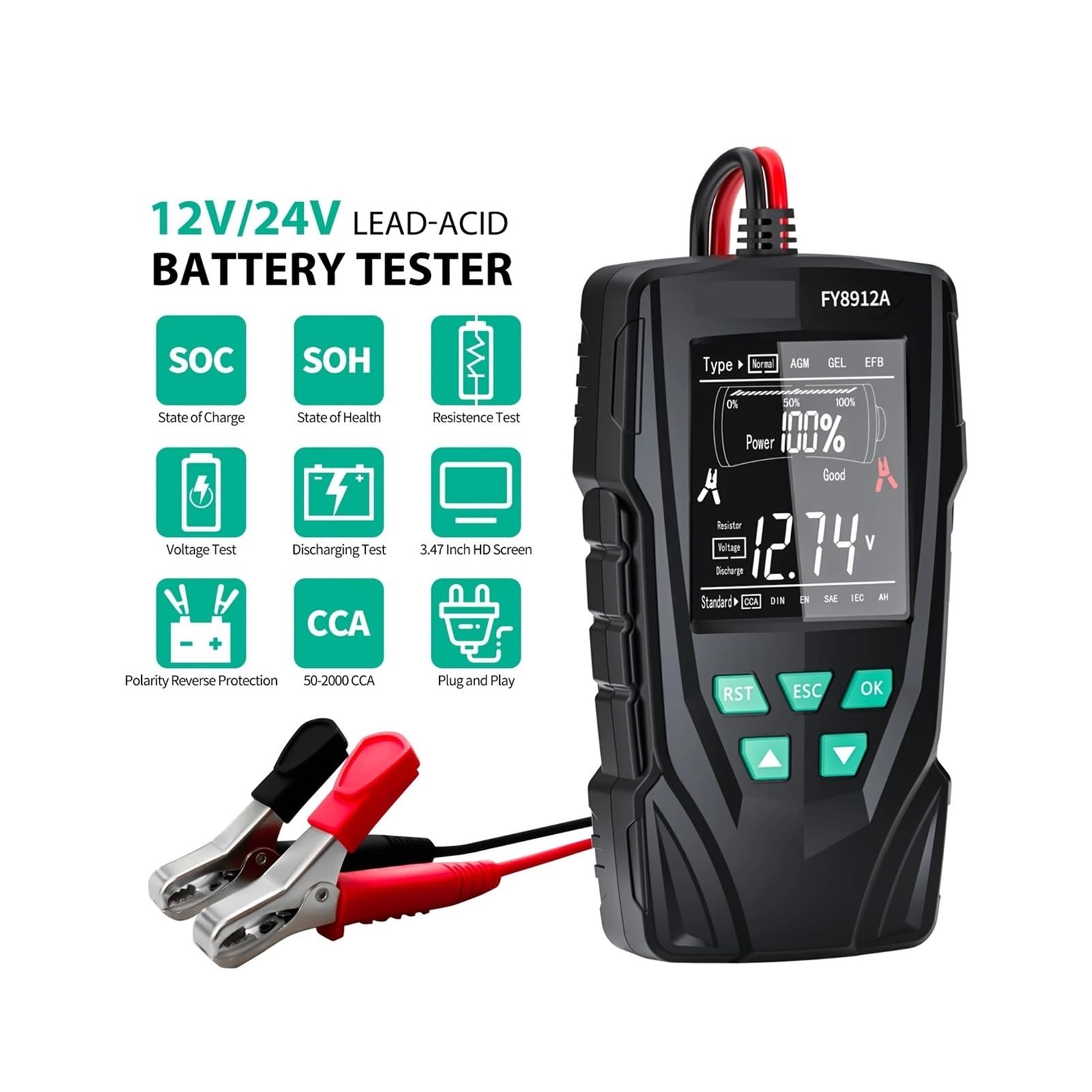 Comprobador de baterias Probador de batería de Coche FY8912A, 12 V/24 V, for monitoreo de batería de Coche, Motocicleta, camión, comprobador de Carga y Capacidad de batería.(FY8912B)