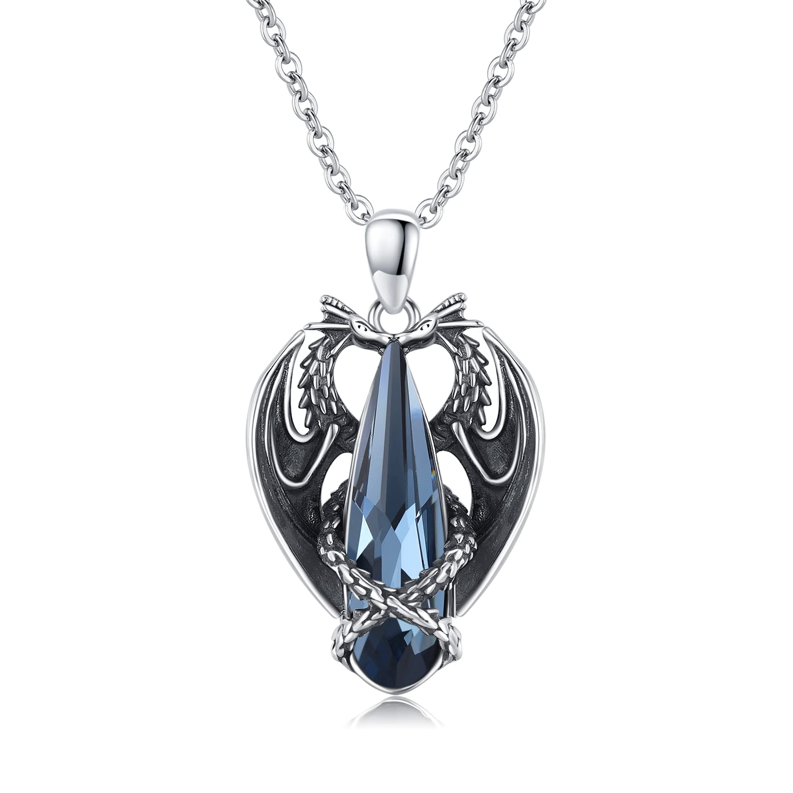 Draken-halsketting, 925 sterling zilver, gevogelte draak, ketting, Keltische knoop, maan, gotisch, dubbele draak met kristal, dieren, cadeaus voor dames en heren