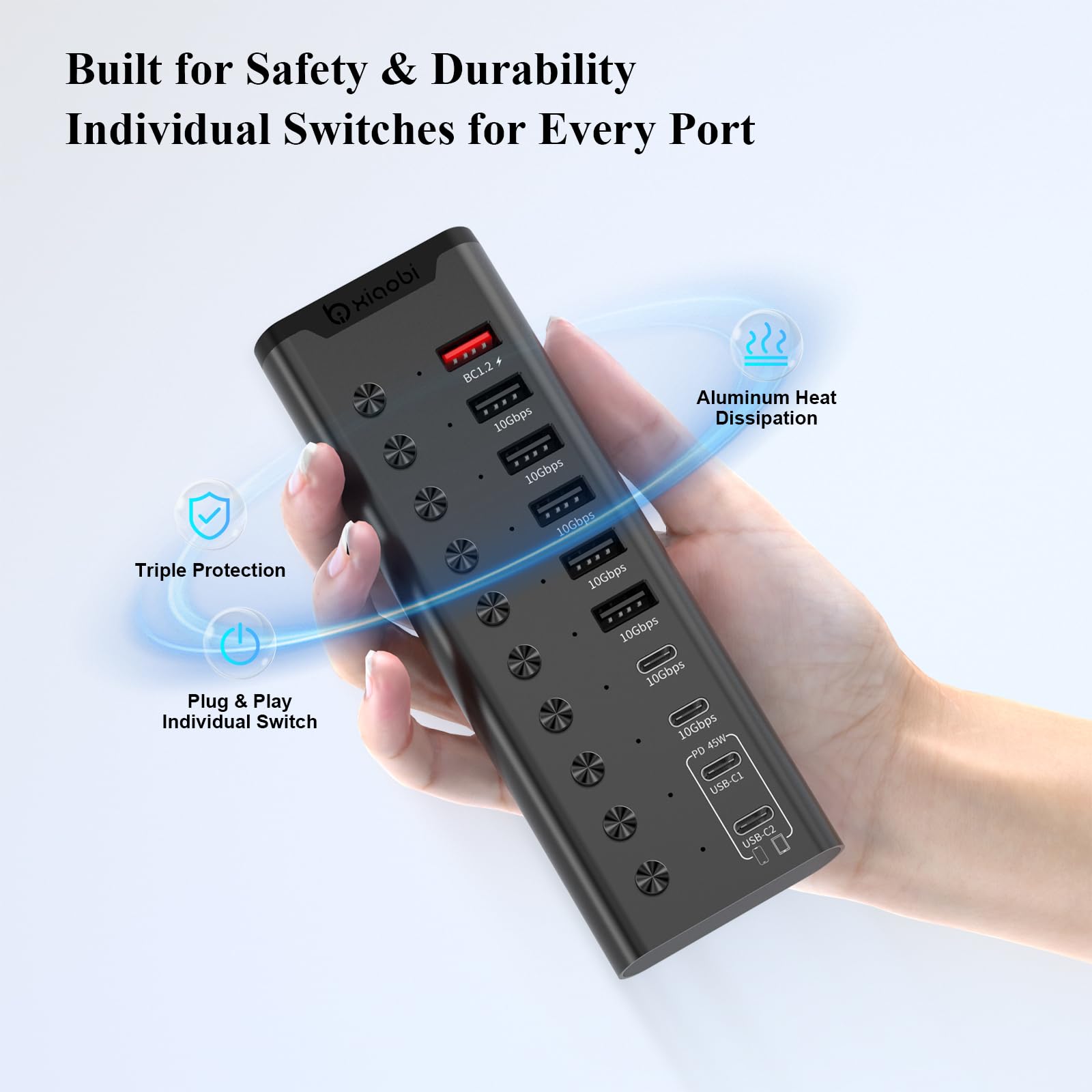 Aktiver USB-Hub, 10-Port USB-C-Hub mit 5X USB-A 3.2 und 2X USB-C 3.2, BC1.2 & 2X PD 45W Ladeports, Einzelschalter, 24V/3A Netzteil, USB-Erweiterung für PC UVM. (Schwarz).