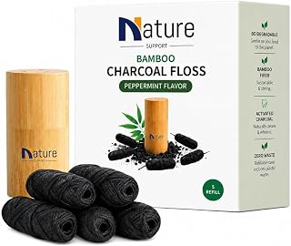 Charcoal Dental Floss, 5 Pack, Total 150M, with Bamboo Box | 30M Each Refill, Refreshing Peppermint Flavor, Smooth Waxed Coating, Easy Replacement Design, Comfortable Daily Flossing