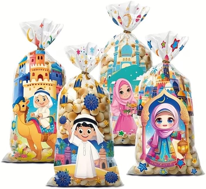 50 Pieces Luxury Ramadan Eid Colorful Theme Gift Bags, Reusable Plastic Kawaii Party Goodie Bags for Ramadan and Eid Al Fitr Celebrations Gifts and Giveaways