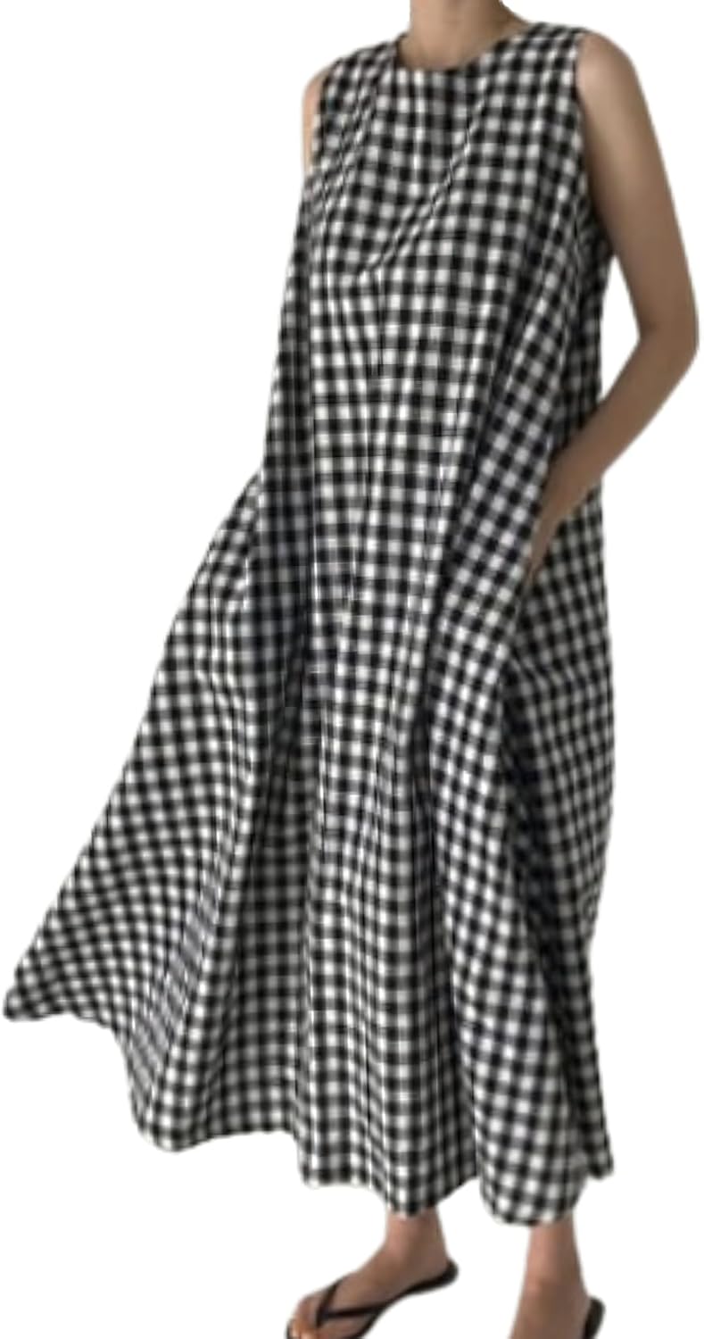 chouyatou Women Summer Casual Sleeveless Plaid Gingham Tank Dress Beach Tunic Shift Cotton Midi Sun Dress