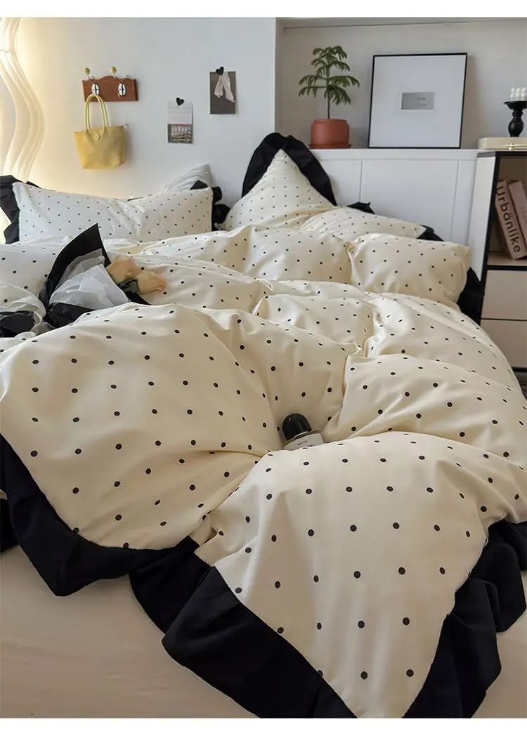 Bettbezug 135X200 mit Rüschen und Punkten – Weiches Gewaschenes Mikrofaser-Bettwäsche-Set für Mädchen und Frauen, Wendbare Französische Bettbezüge mit Rüschen, Kissenbezügen und Reißversch