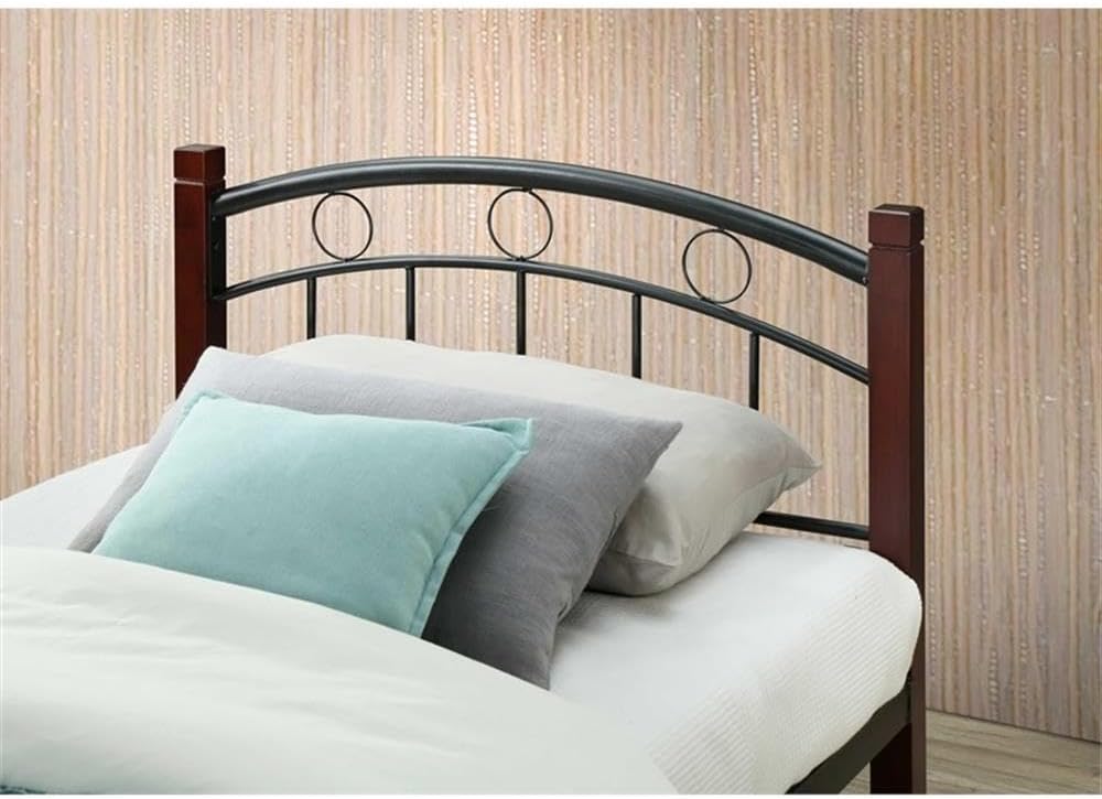 Pemberly Row Modern Metal Twin Bed with Headboard and Footboard, Black and Mahogany Finish, Durable Low-Profile Design, Includes Rails and Supports, Contemporary Style for Bedroom Use