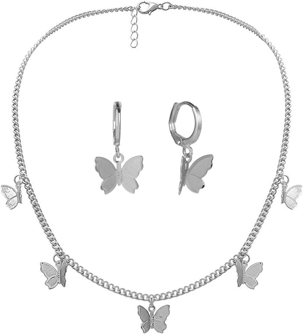 Nanafast Butterfly Necklace Earrings Set Adjustable Butterfly Chain Necklace Smiley Face Necklace Y2K Jewelry Gifts for Women Girls Birthday Christmas