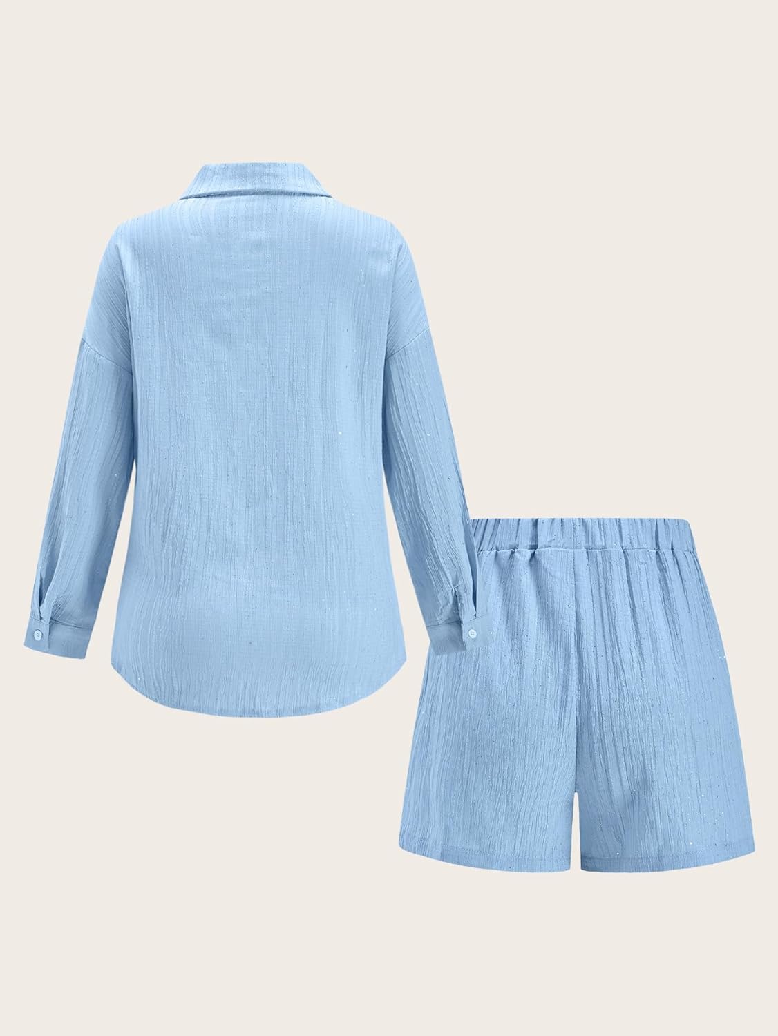 Women's 2 Piece Casual Outfits Glitter Button Down Long Sleeve Shirt and Mini Shorts Matching Sets - Image 2