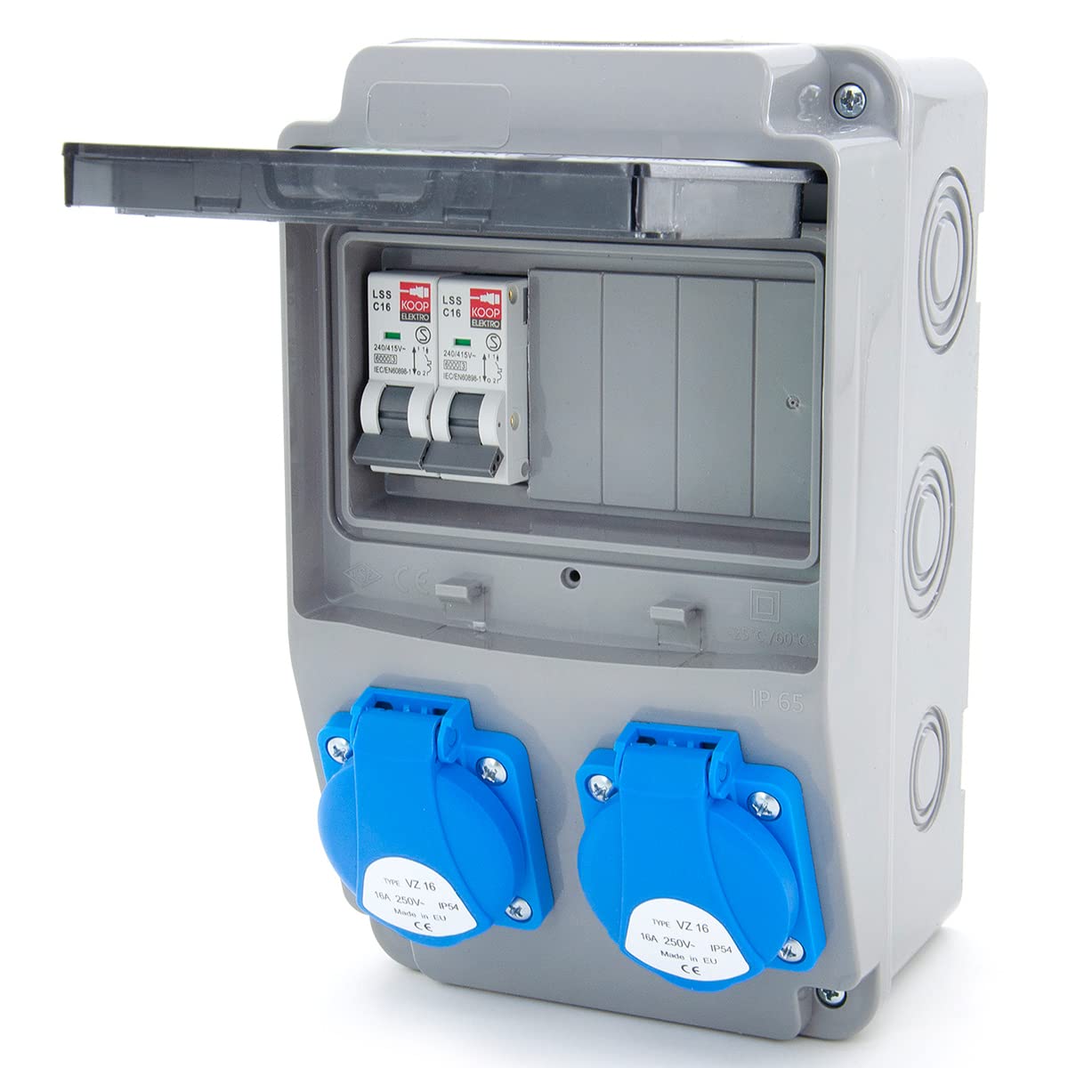 ELS Elektrotechnika distributore cablato da cantiere distributore da parete distributore di potenza con fusibili e prese Schuko 2x230V+2x interruttori magnetotermici C16, per ambienti interni/esterni