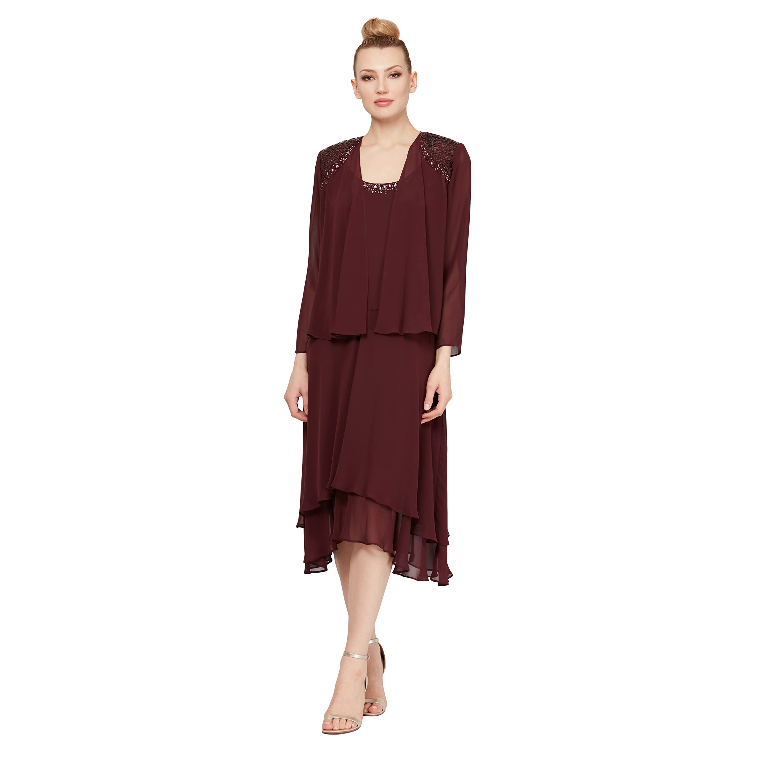 S.l. Fashions Women's Fig Embellished Chiffon Tiered Jacket Dress Special Occasion, 14 Petite