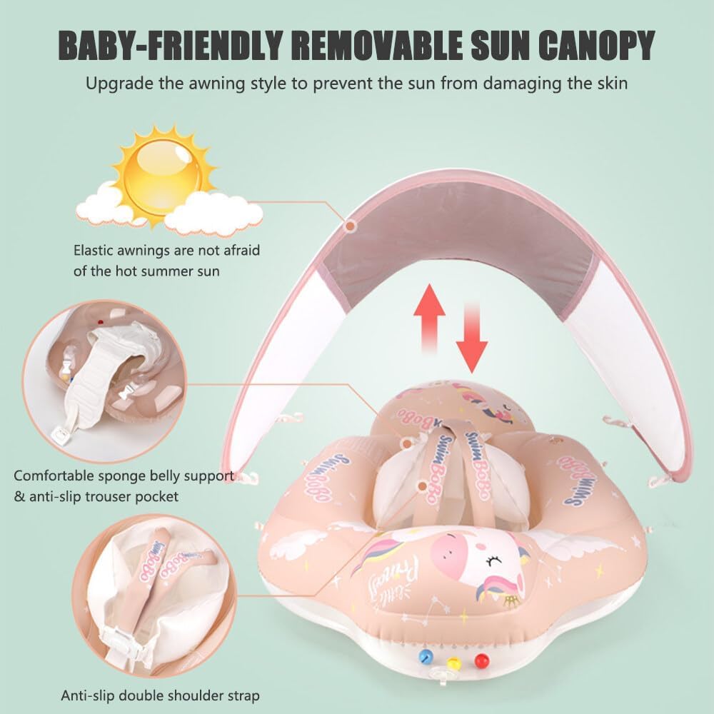 Bouée Bébé Avec Pare-Soleil UPF50+ – Siège Anti-Roulement Sécurisé Pour Bébé 3-12 Mois – Protection Piscine UV Totale