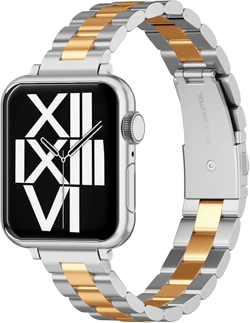 ARTCHE Thin Watch Strap for Apple Watch 41mm 40mm 38mm, Women Slim Stainless Steel Adjustable Replacement Band Jewelry Belt, Compatible with iwatch Straps Series 8/7/6/SE/5/4/3/2/1, Silver & Gold
