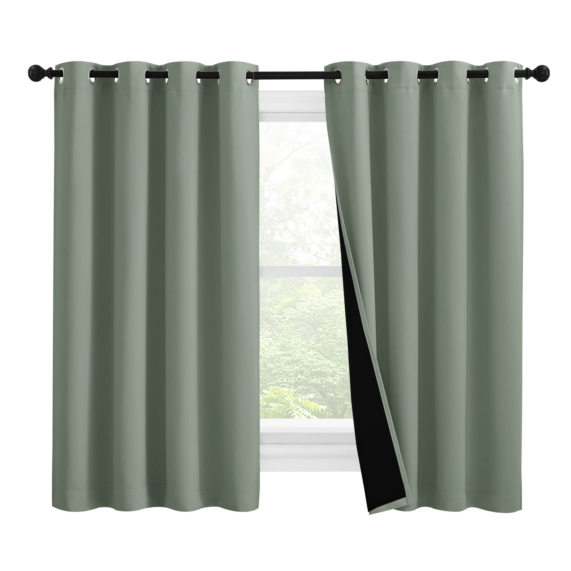 NICETOWN 100% Blackout Curtains 57 inches Long, Double-Deck Completely Blackout Window Treatment Thermal Insulated Lined Drapes for Small Window (Greyish Green, 1 Pair, 55 inches Width Each Panel)