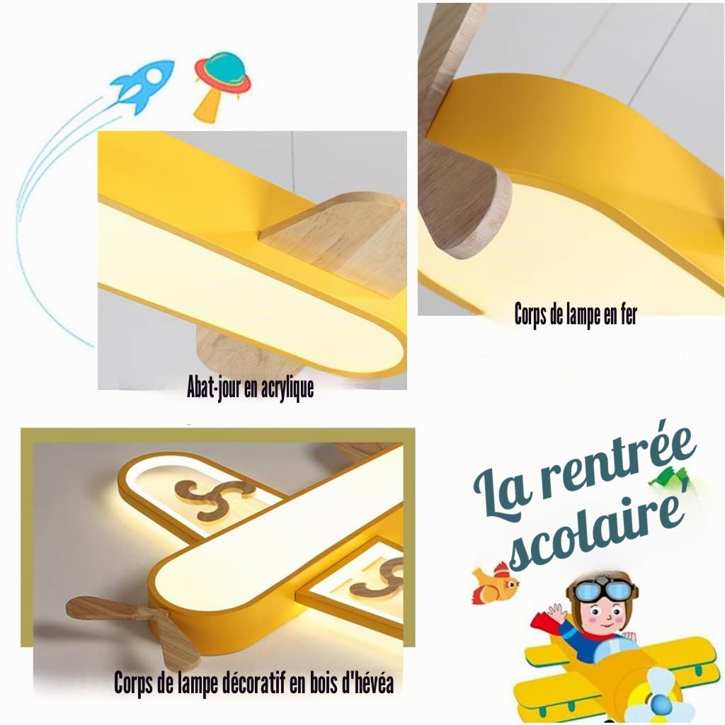 Lampe Suspension de chambre d'enfants LED bois plafonnier lustre d'avion de dessin animé moderne avec télécommande protection des yeux Pendentif lumière restaurant étude chambre Luminaire,Bleu