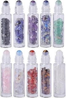 PhantomSky 10ml Glass Essential Oil Roller Bottles - 10 Pack with Gemstone Roller Balls & Natural Crystals - Refillable Leak Proof Travel Size for Aromatherapy, Perfume & DIY Skincare