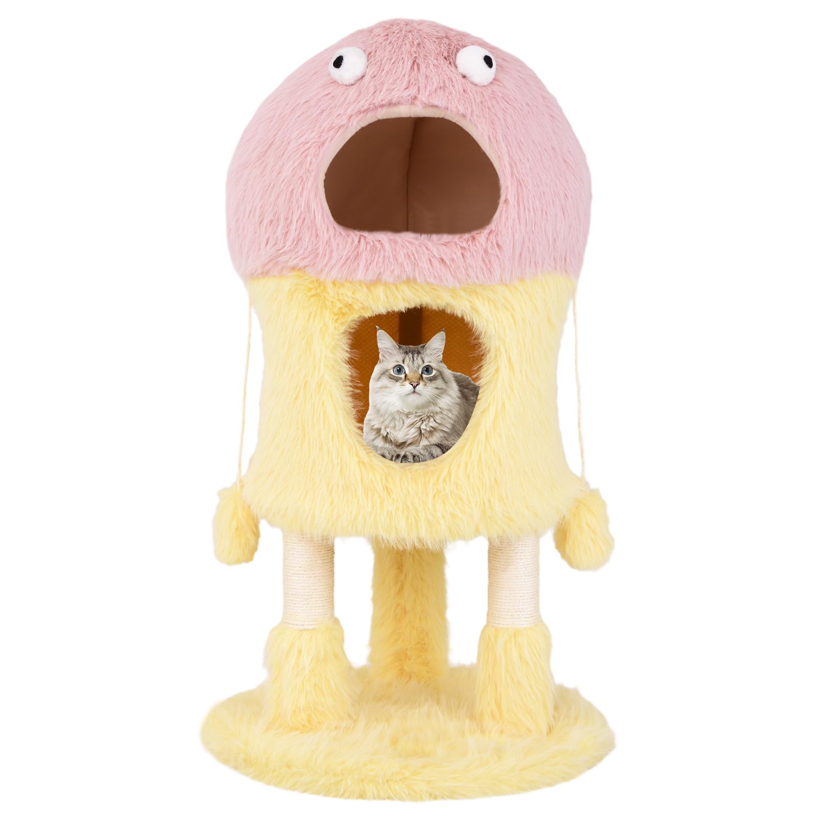 GOPLUS Arbre à Chat en Forme de Monstre pour Chat Maine Coon, 3 Niveaux 2 Étages Poteaux à Gratter Sisal, Meuble en Pelu