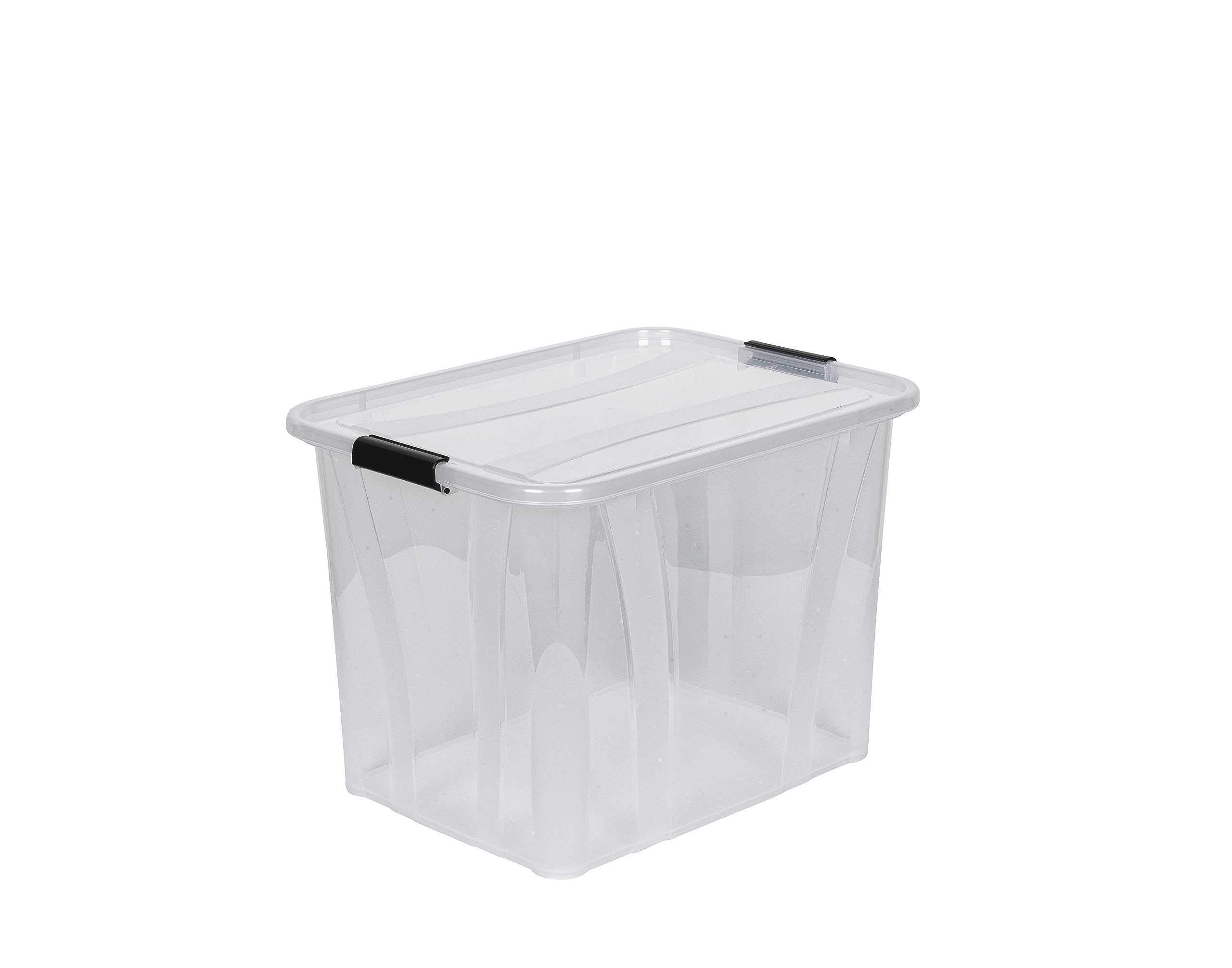 Kreher® XL Aufbewahrungsboxen mit Deckel aus Lebensmittel-geeignetem Kunststoff in Transparent. Stapelbare Lagerboxen für Haushalt, Garage, Industrie (55 Liter, 4er Set)