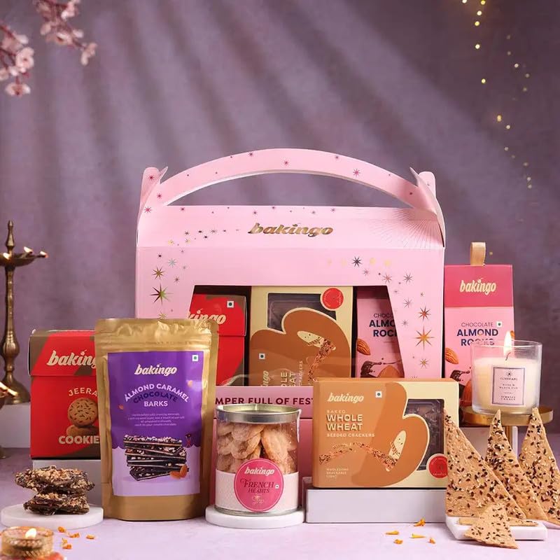 Bakingo Premium Gift Hamper of Wheat Crackers, Almond Rocks, Jeera Cookies, French Hearts, Chocolate Barks, Candle For Birthday Gift, Anniversary Gift, Christmas Gift & New Year Gift (Same Day Delivery) Bakingo Premium Gift Hamper of Wheat Crackers, Almond Rocks, Jeera Cookies, French Hearts, Chocolate Barks, Candle For Birthday Gift, Anniversary Gift, Christmas Gift & New Year Gift (Same Day Delivery)