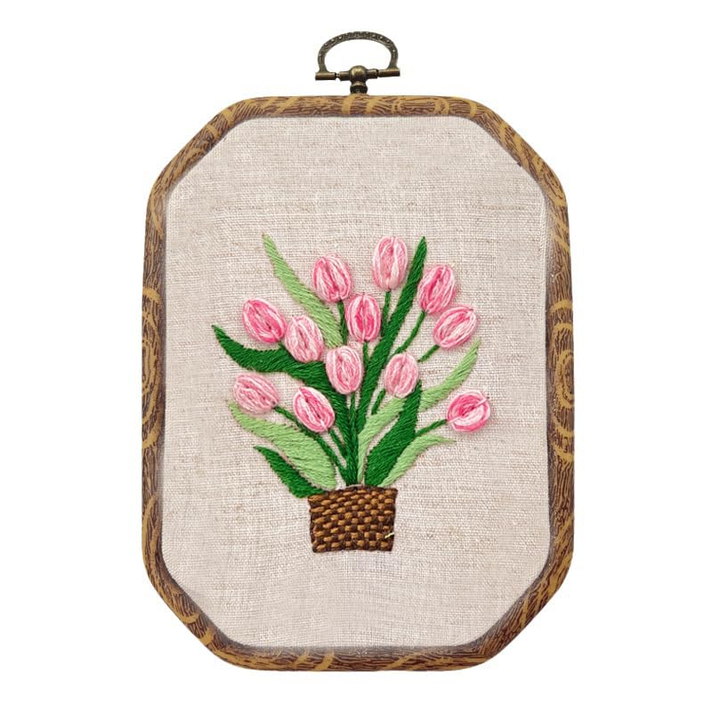 Embroidery Kit Artwork, Floral Embroidery Starters Kit for Beginners Handmade Wall Art Paintings with Retro Frame for Room Home Decoration, Meaningful Gifts for Mother Daughter Friends (Style D)