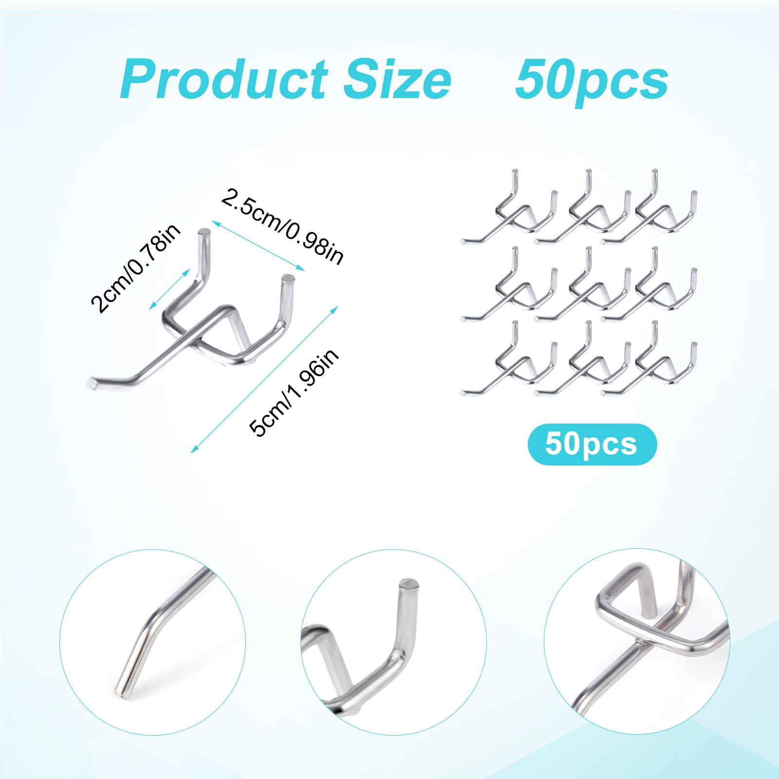 SAVITA 50 pezzi Ganci per Pannelli Forati, Spaziatura Tra i Fori 25 mm 32 mm di Spessore 50 mm di Lunghezza Pegboard Hooks per Espositori da Parete con Pioli Attrezzi Ripostiglio Per Garage (Argento)