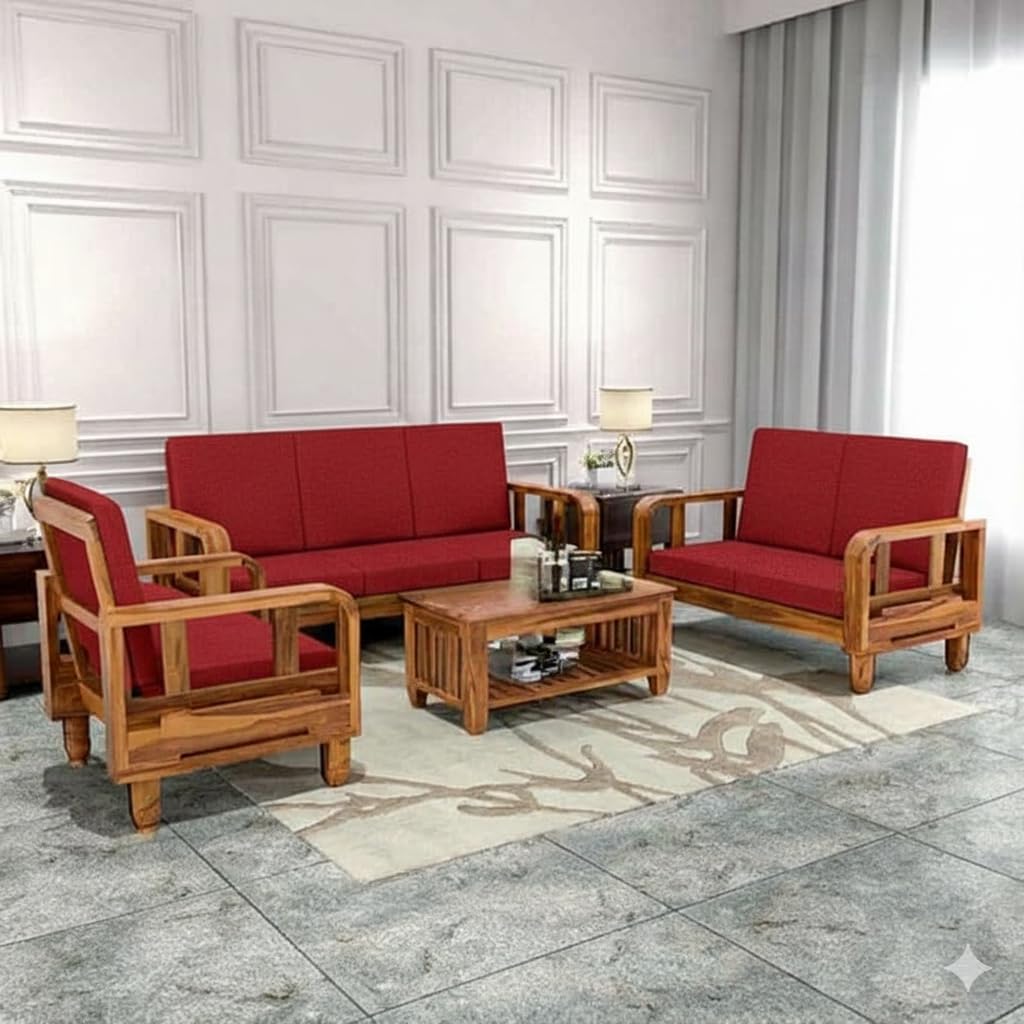 KENDALWOOD Furniture Solid Wood 6 Seater Wooden Sofa Set for Living Room Furniture 6 Seater 3+2+1 Fabric Sofa Set with Center Table (Honey Finish with Red Cushions) - DIY(Do-It-Yourself)