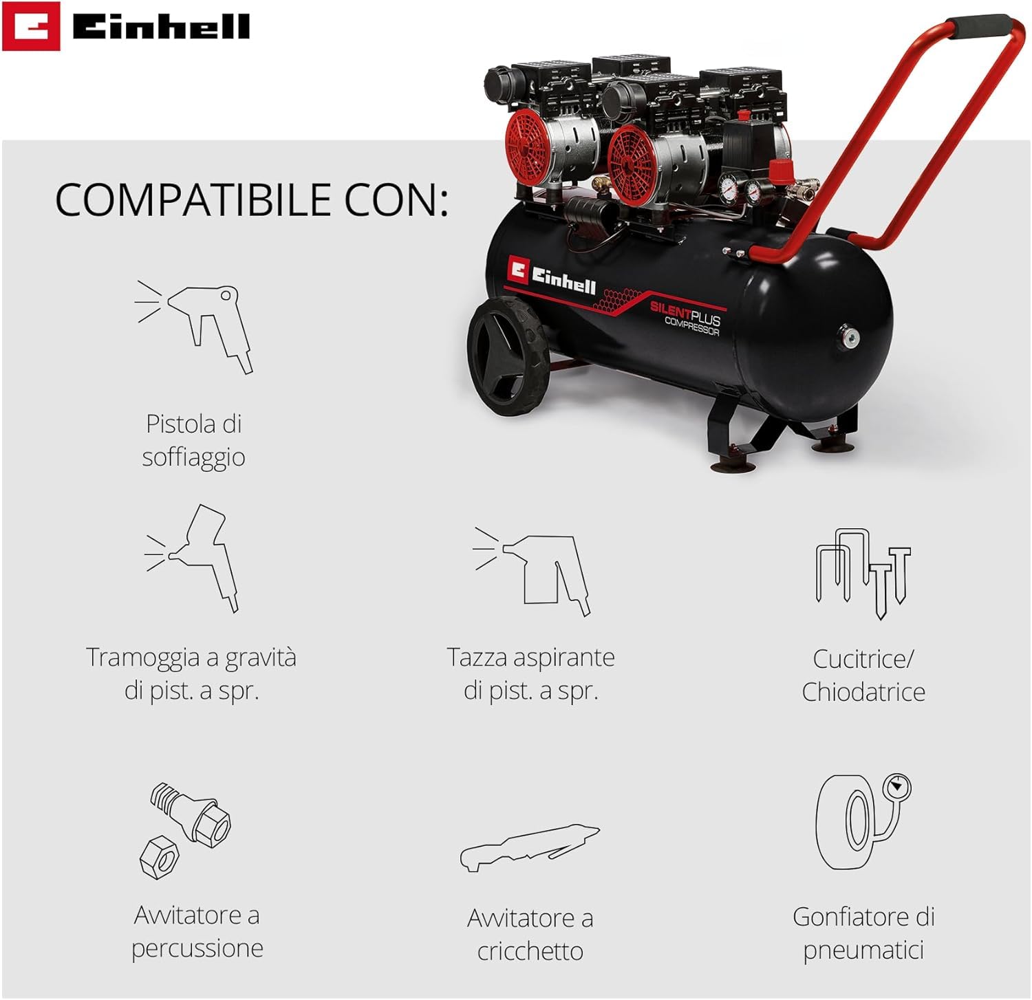 Compressore Einhell TE-AC 270/50 Silent Plus (1500 W, max. 8 bar, serbatoio da 50 l, potenza aspirazione 270 l/min, velocità 1450 min^-1, riduttore pressione, manometro, lubrificato, incl. accessori)