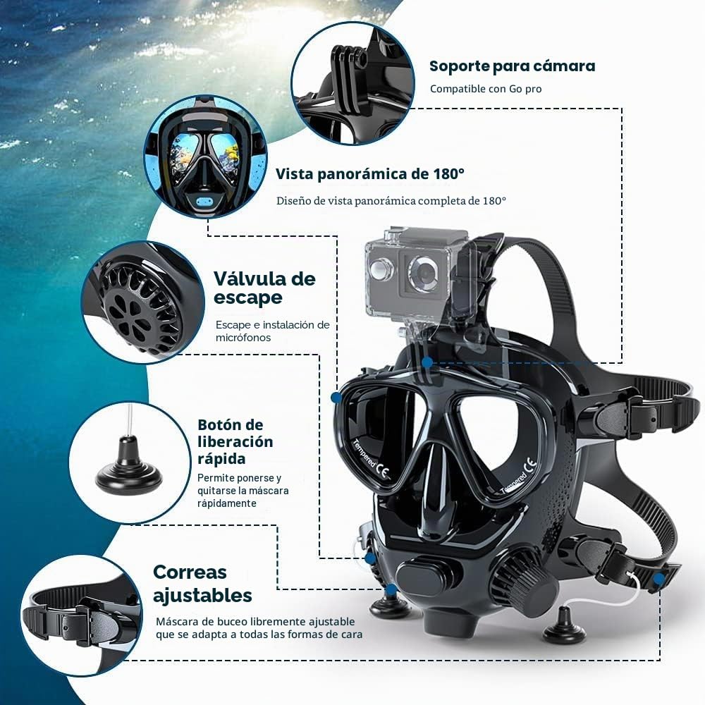 Máscara de buceo para adultos, cara completa con soporte para cámara, máscara de buceo ajustable MODJUEGO 180°, vista panorámica para adultos, antivaho, antifugas, juego superior seco
