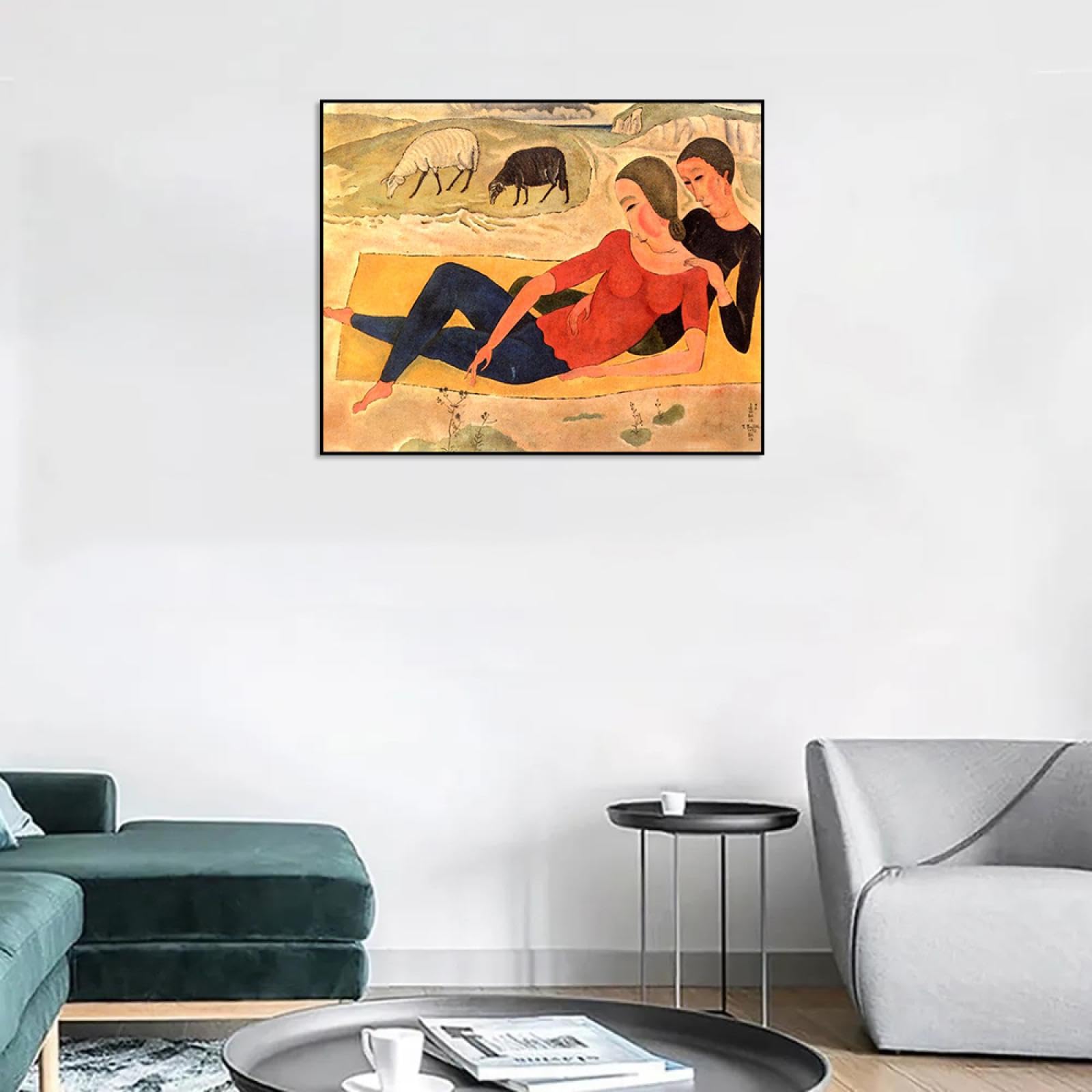 LXURY Famoso dipinto pronto da appendere Incorniciato- Giovane coppia sotto le scogliere Stampe su tela Riproduzioni Immagine artistica da parete per la decorazione domestica 40x50 cm Cornice Nera
